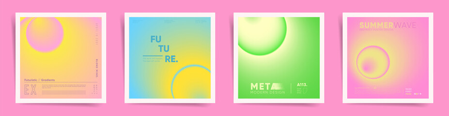 Space spring neon gradient cover square template design set for poster, social media post and aesthetic album. Blurry circular gradient vibrant dynamic post. Vector business springtime kit.
