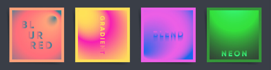 Blurred spring bright gradient cover template design set for poster, social media post, futuristic album. Cyberpunk hi tech gradient post. Vector blurred futuristic color set.	