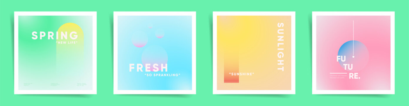 Holographic square spring gradient, cover template design set for poster, social media post and psychedelic album. Blurry futuristic modern gradient post. Vector aesthetic springtime kit.	
