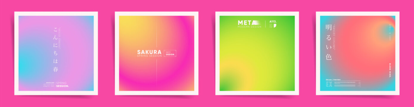 Japanese spring neon gradient cover template design square set for poster, social media post and vibes album. Neo cyberpunk gradient bright post. Vector springtime space vivid set.	