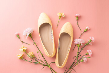 Fashion - spring footwear for woman. Pastel yellow ballet flats shoes and flowers on pink - obrazy, fototapety, plakaty