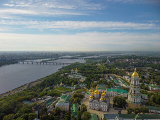 Kyiv,  Ukraine. Kiev Pechersk Lavra top view and Dniepr river. Aerial drone view.