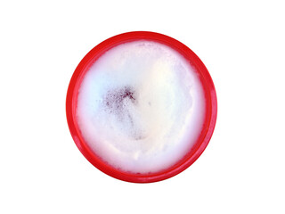 white soap foam in red plastic basin isolated on white background, single round baby bath tub with...