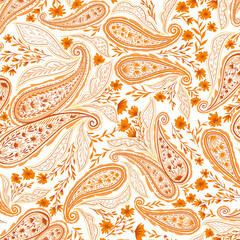 Orange Paisley and Flowers Pattern