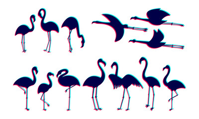 Obraz premium Flamingo bird glitch effect vector. Tropical summer print illustration