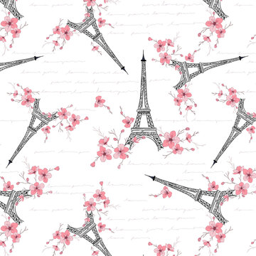 Paris Eiffel Tower and Cherry Blossom Pattern