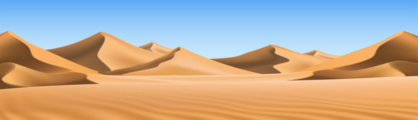 Big 3d realistic background of sand dunes. Desert landscape with blue sky. - obrazy, fototapety, plakaty