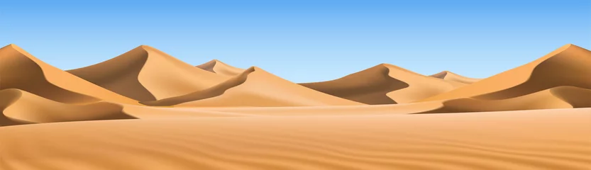 Fotobehang Big 3d realistic background of sand dunes. Desert landscape with blue sky. © Real Vector