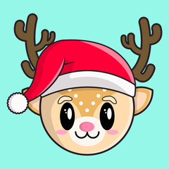 cute kawaii deer santa hat cartoon mascot vector illustration