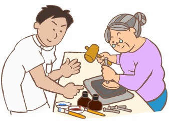 精神科作業療法　皮細工のプラグラムに参加する認知症の女性と作業療法士のイラスト