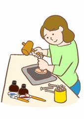 精神科作業療法　皮細工のプラグラムに参加するうつ病の女性のイラスト