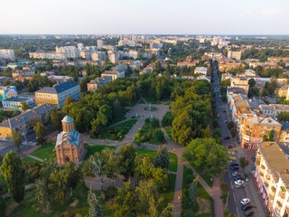 Chernigov, Ukraine. Pyatnitskaya church in square named after Bohdan Khmelnitsky. Aerial drone view. - 490912434