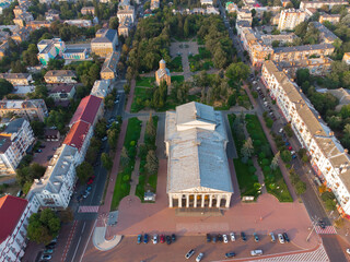 Chernigov, Ukraine. Chernihiv Regional Music and Drama Theater named after T. Shevchenko. Aerial drone view. - 490912616