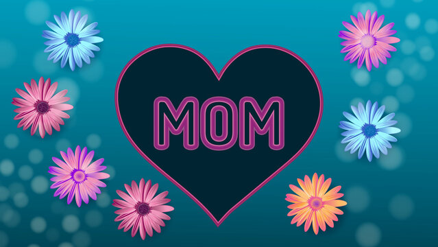 Happy Mother's Day. Flower with calligraphy poster design. Love you mom. Mom greeting card design with light blue gradient background. 