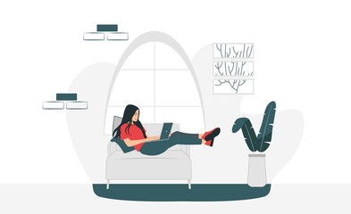 Stay at home banner. The girl works at the computer, sitting on a bag with beans epidemic, quarantine, freelancer, work at home, distance learning, online, blogger.