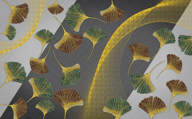 Fototapety  3d mural wallpaper. Chinese leaves and golden waves in black and gray background