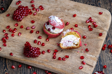 red cranberry-flavored cake with cranberry berries and creamy milk filling