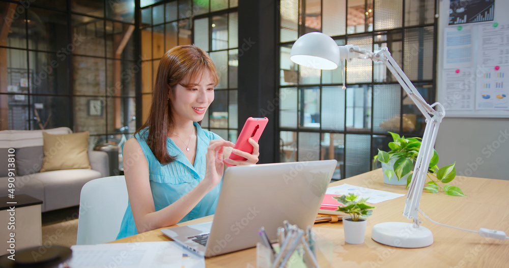 Poster woman use laptop and phone