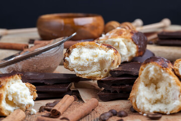 custard cake with cream, chocolate and other sweets