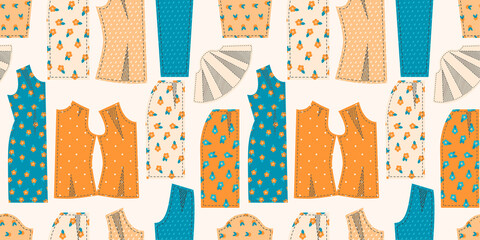 Seamless pattern from a set of patterns for sewing dresses, blouses, trousers. Illustrations on the theme of cutting and sewing Vector illustration