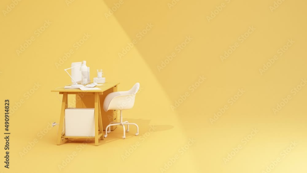 Poster minimal concept, computer on table and chair yellow color with copy space for your text. 3d render a
