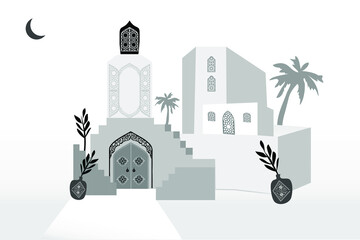 Moroccan scene. A Moroccan doors, windows and traditional craftsmanship. Gray scale background. Modern and minimalist style. Vector illustration.