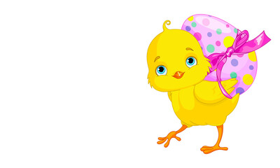 
March 2022, Italy. Image of a yellow chick carrying a pink Easter egg, against a white background