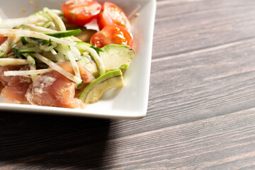 carpaccio salad tuna avocado cucumber radish マグロとアボカドのカルパッチョ 文字入れスペースあり