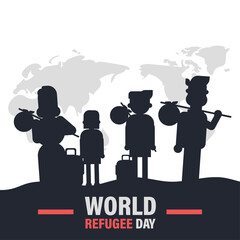 World Refugee Day 20th June, war crisis people family transportation on map vector poster banner design