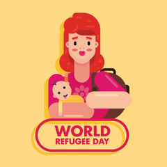 World Refugee Day 20 June, sad mother and baby leaving vector poster banner design