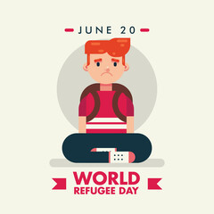 World Refugee Day 20 June, sad crying boy kid child poster vector design
