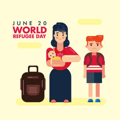 World Refugee Day 20 June, mother with baby and son children leaving with bag vector poster design