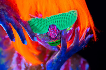 Disco dancer in neon light. Fashion model woman in neon light, portrait of beautiful model girl...