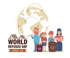 World Refugee Day 20th June, sad family leaving with camp and globe war crisis poster banner background template design