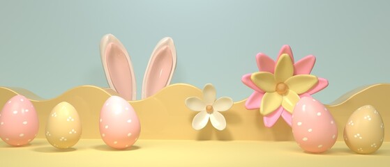 Easter holiday theme with decorations and rabbit ears - 3d render