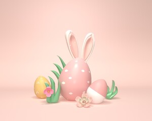 Colorful hand decorated Easter eggs withrabbit ears and spring holiday pastel colors