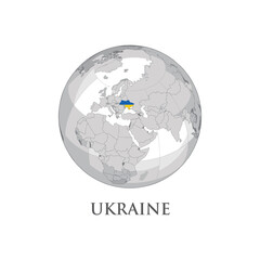 Ukraine on world globe with flag, vector illustration
