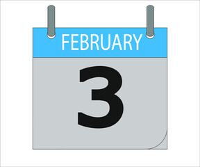 February 3th. Calendar icon. Date day of the month Sunday, Monday, Tuesday, Wednesday, Thursday, Friday, Saturday and Holidays