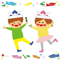 こどもの日を喜ぶこどもたちのイラスト、和菓子のフレームあり