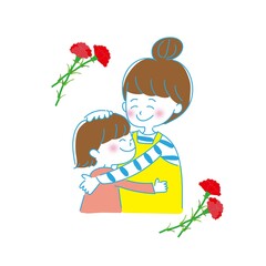 親子でハグするイラスト、カーネーションあり