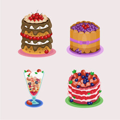 different types of desserts in flat style, cakes, pies, ice cream