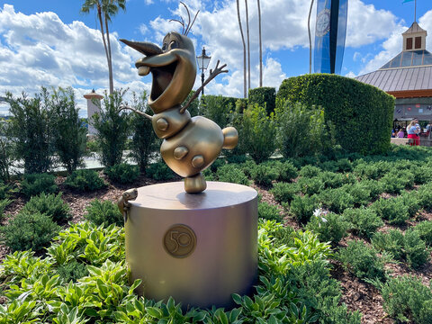 The 50th Anniversary statue of Olaf from the movie Frozen at EPCOT