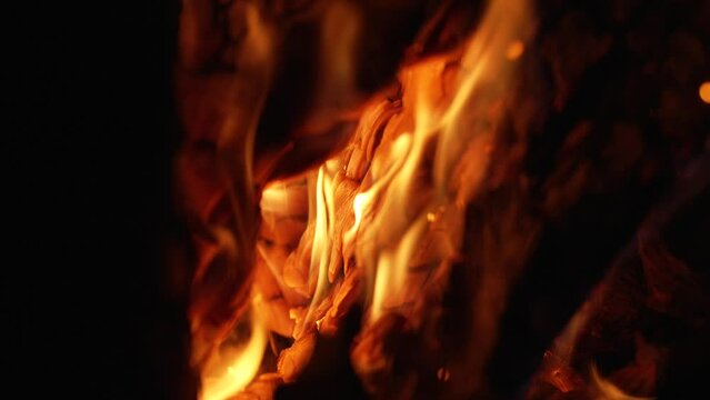 This slow motion, close up video shows smoldering, burning wood on fire with embers bursting.
