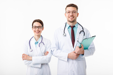 Fototapeta premium Happy doctors, man and woman isolated on white