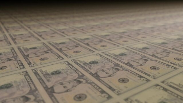 5 dollar bills on money printing machine. Video of printing cash. Banknotes.