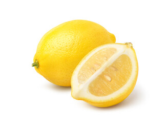 Natural Lemon fruit with cut in half isolated on white background.