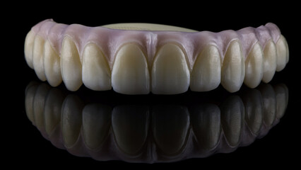 excellent angle with the prosthesis of the upper jaw with a painted pink artificial gum on black glass with reflection © Dental Pro Content