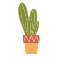 Houseplant cactus in an orange pot with a pattern. Green houseplants for room and office decor. Element of home decor. Flat vector illustration isolated on white background.