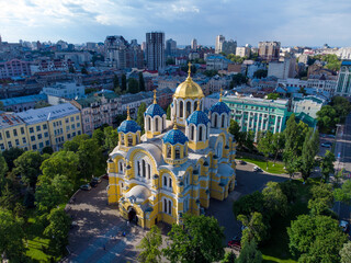 Kyiv, Ukraine. St. Vladimir's Cathedral in Kyiv. Aerial drone view. - 490920625