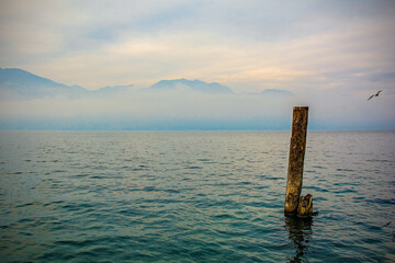 Fototapeta premium Winter at Lake Garda, seen from Castelletto di Brenzone in Verona Province, Veneto, north east Italy 